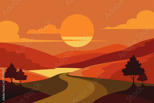 Illustration of sunset over hills with winding road