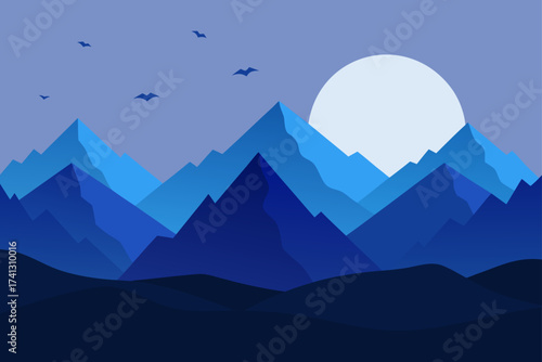 Blue mountain range with birds and a full moon view