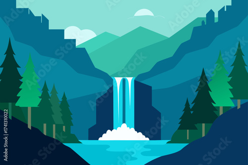 Waterfall landscape with trees and mountains view
