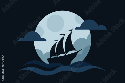 Silhouette ship sailing under the moonlight at night