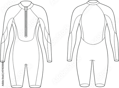 Women wetsuit technical CAD drawing, swimsuit flat vector design, long sleeve surf suit illustration, fashion apparel template for designers