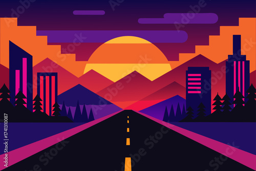 Cityscape with mountains and sunset in flat design