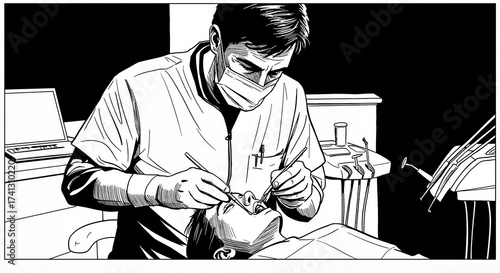 Dentist performing dental procedure on patient in clinic, monochrome illustration, healthcare concept