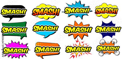 Cartoon comic sign burst clouds. Speech bubble, Smash sign expression and pop art text frames. Comics mem expressions speech, superhero book Smashlabel. Isolated vector symbols set
