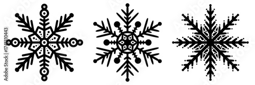 Set of snowflakes in winter style with clean symmetrical design. Vector frosty crystals as seasonal icons and decorative elements isolated for graphic use.