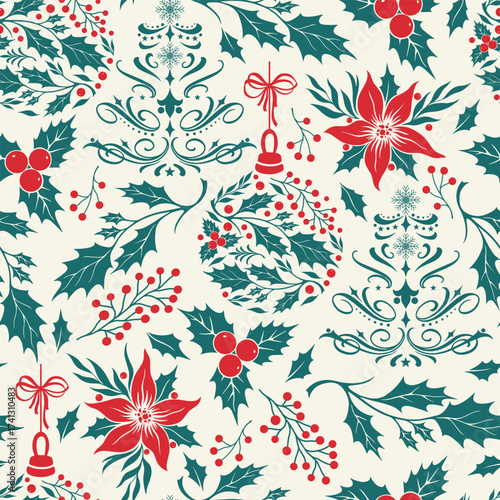 Vibrant Christmas pattern with festive decorations