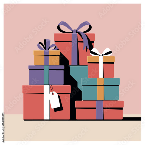 A stack of colorful gift boxes with ribbons and bows, creating a festive and celebratory atmosphere for any special occasion or holiday