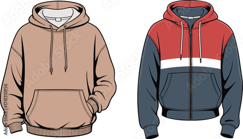 Hoodie and zip-up sweatshirt CAD drawing, fashion flat vector, winter apparel design template, cozy pullover technical sketch illustration