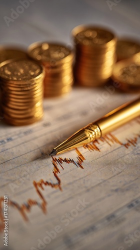 Wallpaper Mural close-up of a golden pencil pointing at stock market charts luxury finance concept with stacks of gold coins investment and wealth growth strategy Torontodigital.ca