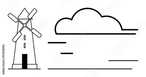 Iconic windmill beside a cloud and breezy motion lines, emphasizing renewable energy and nature. Ideal for sustainability, eco-friendly solutions, agriculture, simplicity, environment, energy