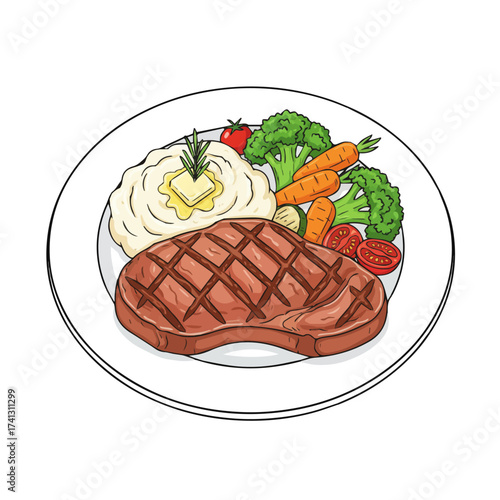 Grilled Steak with Vegetables and Mashed Potatoes