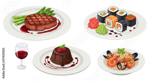 A gourmet meal selection featuring steak sushi pasta and dessert.