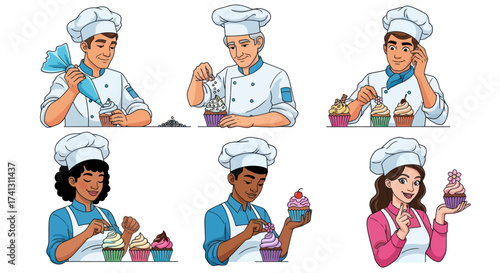 Diverse Cartoon Bakers Decorating Colorful Cupcakes with Frosting.