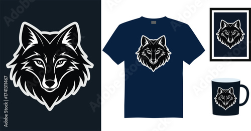 Tshirt mockup wolf head graphic dark blue t shirt framed picture mug animal
