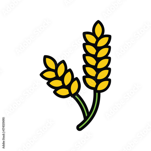 Two stalks of wheat with yellow kernels and green stems outlined in black