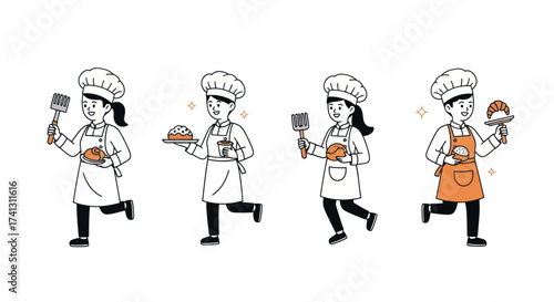 Four cheerful cartoon child chefs in hats and aprons holding kitchen tools and food.