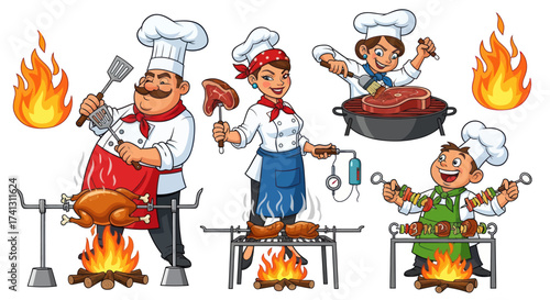 A collection of cartoon chefs grilling and roasting chicken steak and sausages over open fire.