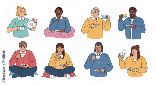 Diverse group of people enjoying hot beverages in casual settings.