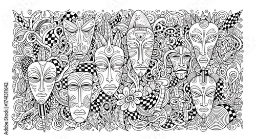 Wallpaper Mural Elaborate black and white doodle art featuring a collection of spiritual tribal masks with intricate patterns Torontodigital.ca