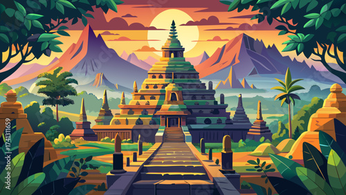 The Borobudur Temple in Indonesia rises as a colossal stone mandala, decorated with thousands of reliefs and statues, symbolizing the Buddhist path toward enlightenment amid lush tropical landscapes.