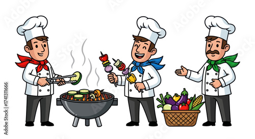 Three chefs preparing and serving grilled food and fresh vegetables.