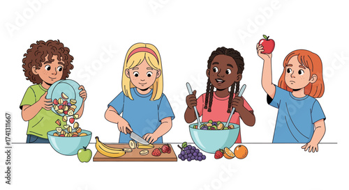 A diverse group of four children happily preparing a healthy fruit salad together at a table.
