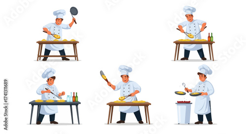 Animated Chefs Cooking and Preparing Meals with Kitchen Tools.