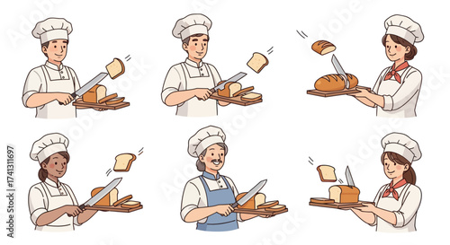 Diverse Cartoon Bakers Slicing Fresh Bread Loaves Collection.