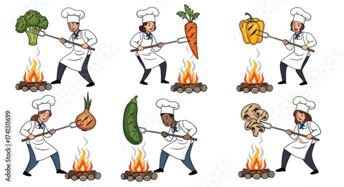 Chefs Roasting Vegetables Over Campfire: Broccoli Carrot Pepper Onion Zucchini Mushroom.