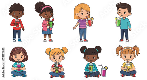 Diverse Cartoon Children Happily Drinking Beverages with Straws.