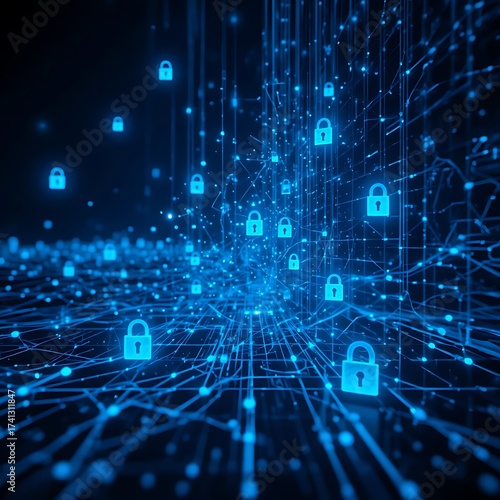 Futuristic cybersecurity background with glowing blue data streams