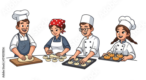 Four Bakers Preparing Dough and Baking in a Kitchen Setting Wearing Chef Hats and Aprons.