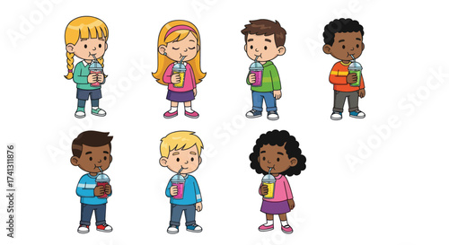 Diverse group of cute cartoon children boys and girls holding drinks with straws.