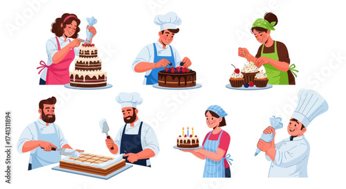 Diverse Bakers Skillfully Decorating Various Cakes and Desserts.