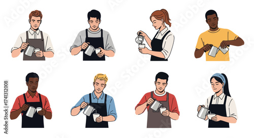 A diverse collection of male and female baristas in aprons making coffee with milk pitchers.