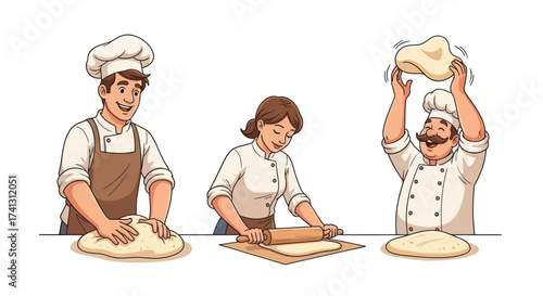 Three bakers preparing dough kneading rolling and tossing it in the air with smiles.