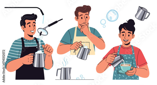 Baristas Crafting Coffee Drinks with Milk Frothing and Pouring Techniques.