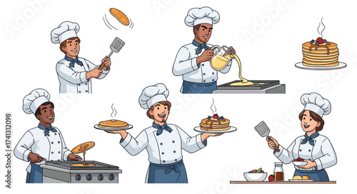 Cartoon Chefs Preparing and Serving Pancakes Wearing Uniforms and Hats.