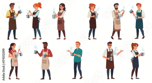A diverse collection of male and female cartoon barista characters in aprons serving hot coffee.