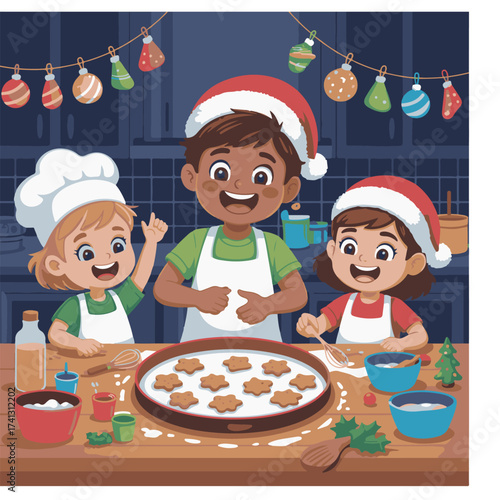Cheerful children baking christmas cookies together in the kitchen, spreading holiday cheer and creating sweet memories isolated on white background