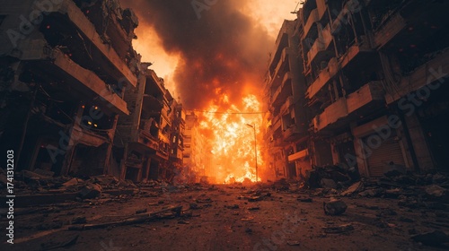 Wallpaper Mural hyper realistic image of urban warfare destruction with massive fire, smoke, and rubble Torontodigital.ca