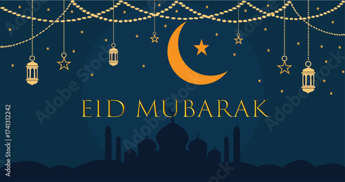 Moon and Lantern Eid Al-Fitr Festival Greeting Templat
