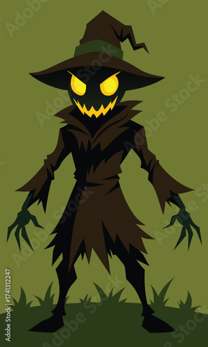 possessed scarecrow with glowing eyes vector background.