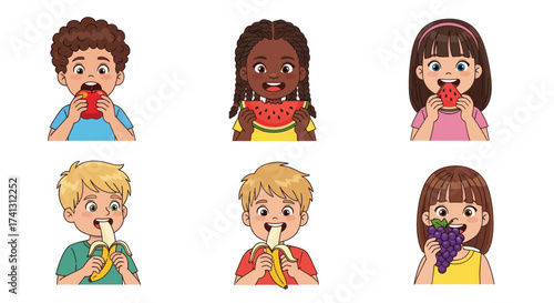 Diverse children enjoying healthy fruits and snacks with happy expressions.