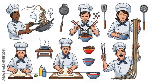 Diverse Chefs Cooking and Preparing Various Dishes in Kitchen.