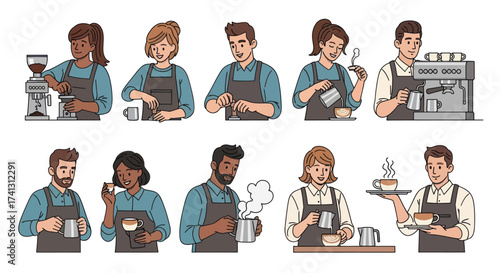 Diverse Barista Team Preparing Coffee Drinks with Espresso Machines and Accessories.