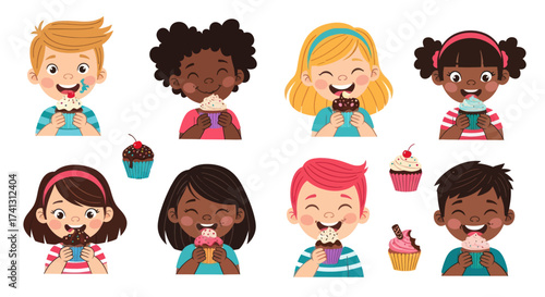 Diverse group of happy children enjoying sweet treats and cupcakes.