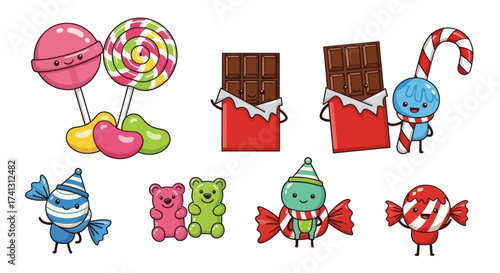 A cute collection of kawaii cartoon candy characters including lollipops chocolate and gummy bears.