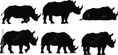 Rhinoceros silhouette vector set showing walking, standing, grazing, resting poses for wildlife, nature, safari, animal anatomy and behavior themes