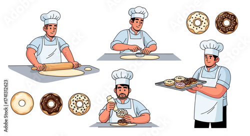 Set of cartoon illustrations showing a male baker in uniform making and decorating donuts.